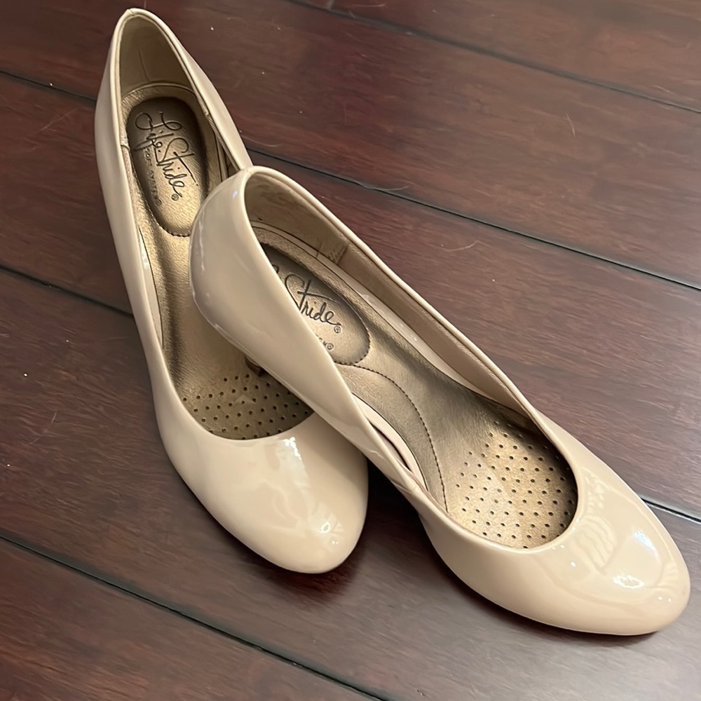 Patent, nude 2.5” heels.  Worn twice.